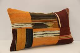 Turkish Kilim Pillow Cover, Vintage Wool Patchwork Lumbar Cushion - 12x20 In