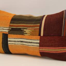 Turkish Kilim Pillow Cover, Vintage Wool Patchwork Lumbar Cushion - 12x20 In - thumbnail 3