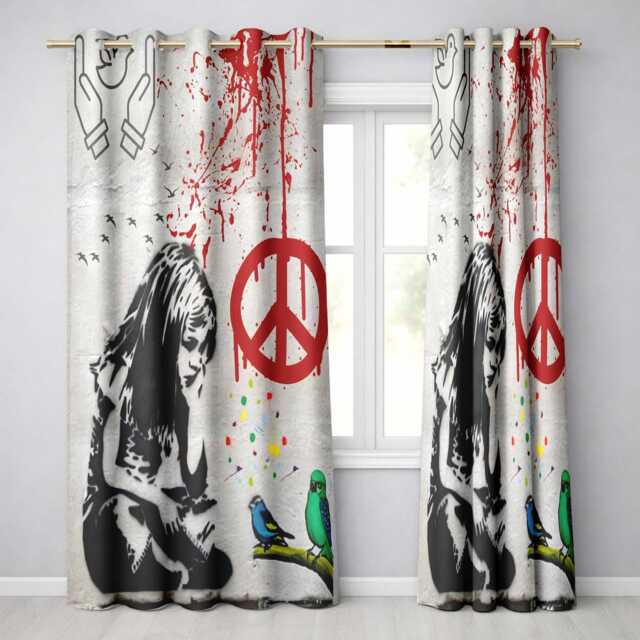 Red Peace Symbol Distressed Figure Graffiti Elegant Modern Artwork For Home Decor Readymade Eyelet Ring Top Thermal 100% Blackout Curtains - image 1