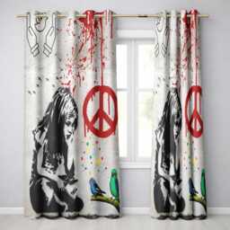 Red Peace Symbol Distressed Figure Graffiti Elegant Modern Artwork For Home Decor Readymade Eyelet Ring Top Thermal 100% Blackout Curtains