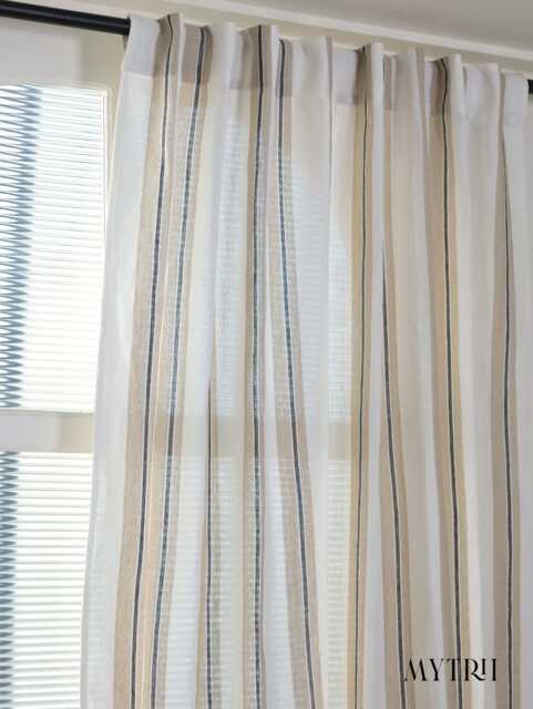 Rustic Linen Striped Curtains, Farmhouse Window Panels, Rod Pocket Or Tab Top With Wooden Buttons, Neutral Tie Drapes - image 1