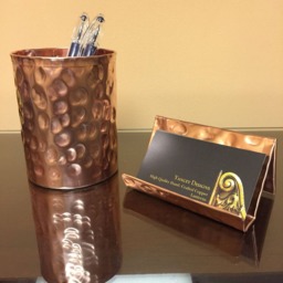 Hammered Copper Desk Set Business Card & Pencil Holder - thumbnail 2