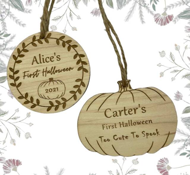 Personalised Halloween Bauble With Name & Date, Pumpkin Ornament Decoration Keepsake Bauble, Baby's First Plaque - image 1