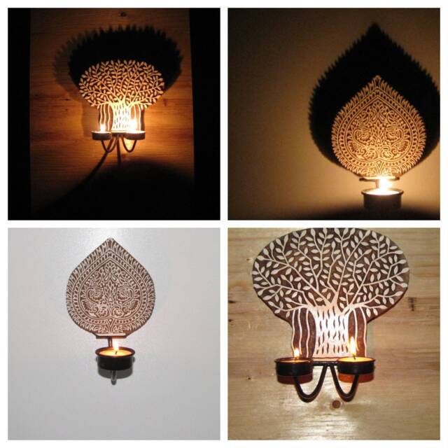 Textile Wooden Block Carved Sconce, Wall Hanging Tea Light Candle Holder, India Arts & Crafts, Handicrafts, Diwali Festival Gift - image 1