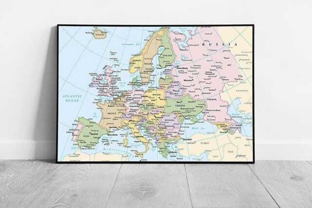 Map Of Europe Cities Countries Light Blue Art Ocean Ready To Hang Wall Print Framed Picture Print - image 1