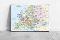 Map Of Europe Cities Countries Light Blue Art Ocean Ready To Hang Wall Print Framed Picture Print - thumbnail 1