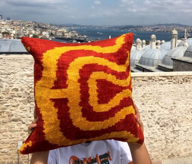Ikat Pillow Cover - Lumbar Cushion Cover - Uzbek Silk & Velvet - image 1
