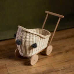 Wicker Willow White Baby Carriage Doll Stroller Pram High Exclusive Eco Toy For Kids 1St Birthday Gift Natural - thumbnail 3