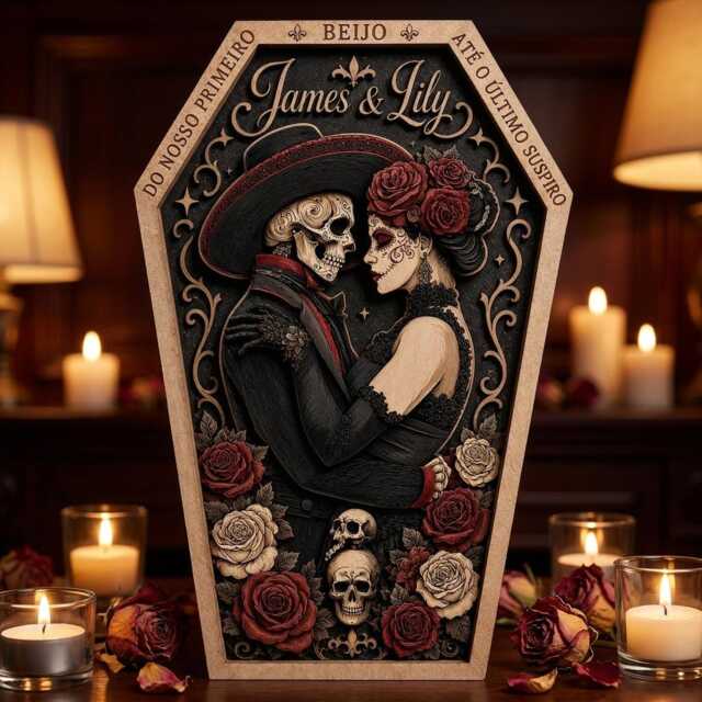 Personalized La Catrina Couple Layered Wooden Sign, Custom Names Gothic Skeleton Wall Decor, Day Of The Dead Wedding Gift - image 1