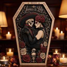 Personalized La Catrina Couple Layered Wooden Sign, Custom Names Gothic Skeleton Wall Decor, Day Of The Dead Wedding Gift - thumbnail 1