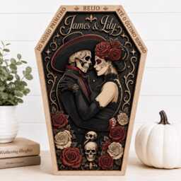Personalized La Catrina Couple Layered Wooden Sign, Custom Names Gothic Skeleton Wall Decor, Day Of The Dead Wedding Gift - thumbnail 3