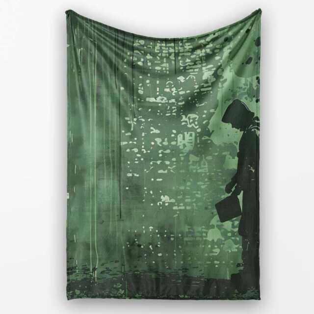 Green Rainy Traveller Silhouette Street Art, Bedroom Living Room Accent, Unique Artistic Design - Super Soft Fleece Blanket Bed Sofa Throw - image 1