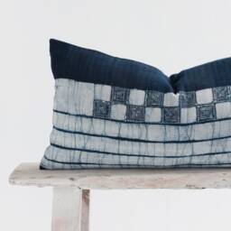 Indigo Batik Lumbar Pillow - Hmong Hill Tribe Woven Cushion - 12x24 - thumbnail 2
