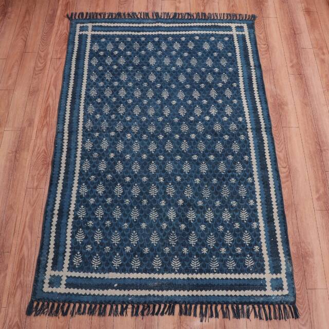 Indian Block Printed Indigo Cotton Rug, Handmade Area Rug - image 1