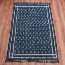 Indian Block Printed Indigo Cotton Rug, Handmade Area Rug - thumbnail 1