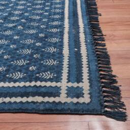 Indian Block Printed Indigo Cotton Rug, Handmade Area Rug - thumbnail 2