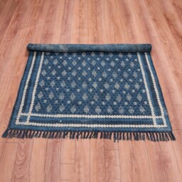 Indian Block Printed Indigo Cotton Rug, Handmade Area Rug - thumbnail 4