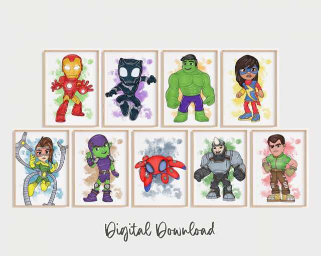 Spidey & Friends Prints - Set Of 9, Kids Superhero Wall Art, Printed Or Framed - image 1