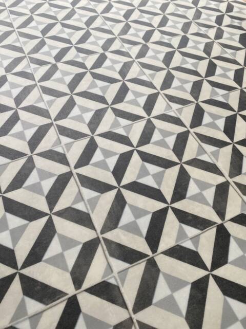 Cushioned Kitchen Floor Mat in Geometric Tile Pattern, Grey Vinyl Runner Rug For Hallway, Laundry & Dining Room Floors - image 1