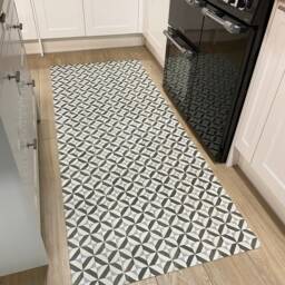 Cushioned Kitchen Floor Mat in Geometric Tile Pattern, Grey Vinyl Runner Rug For Hallway, Laundry & Dining Room Floors - thumbnail 3