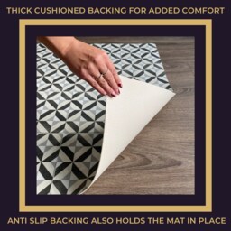 Cushioned Kitchen Floor Mat in Geometric Tile Pattern, Grey Vinyl Runner Rug For Hallway, Laundry & Dining Room Floors - thumbnail 4