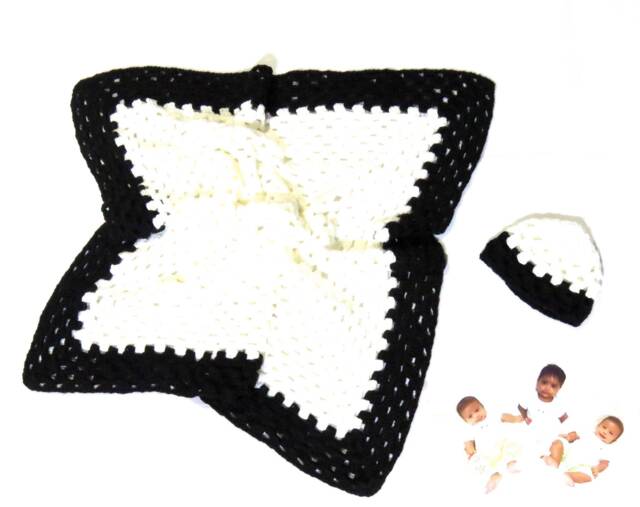 Crochet Baby Blanket, Hat Set, Newborn, Boy, Girl, Black, White, Shower - image 1