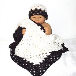 Crochet Baby Blanket, Hat Set, Newborn, Boy, Girl, Black, White, Shower - thumbnail 2