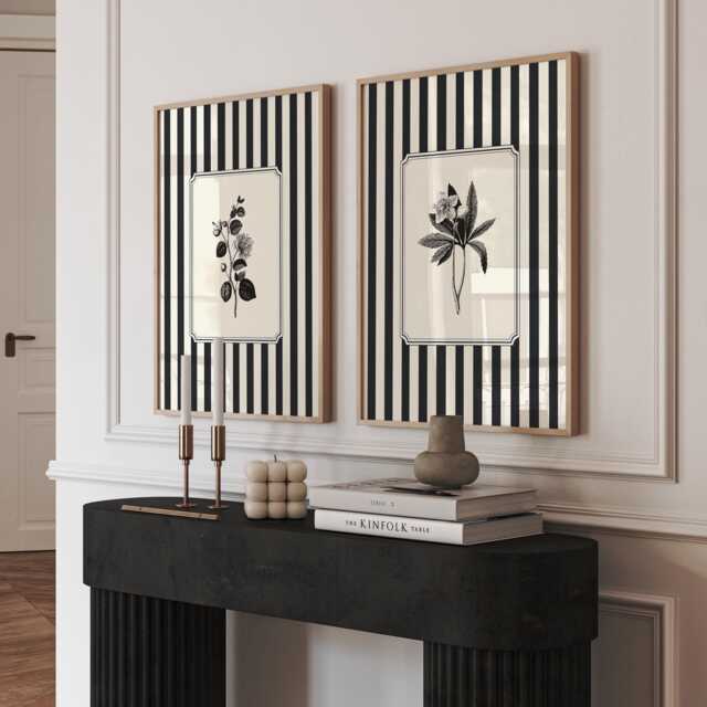 striped Botanical Print Set Of 2, Black & White Vintage Botanicals, Monochrome Wall Art - image 1