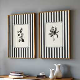 striped Botanical Print Set Of 2, Black & White Vintage Botanicals, Monochrome Wall Art - thumbnail 3