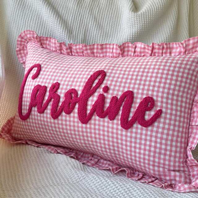 Personalized Name Pillow, Nursery Embroidered Punch Needle Ruffled Pillowshams, Decorative Baby Pillow - image 1