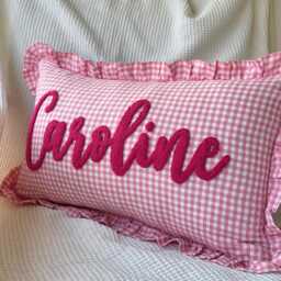 Personalized Name Pillow, Nursery Embroidered Punch Needle Ruffled Pillowshams, Decorative Baby Pillow - thumbnail 1