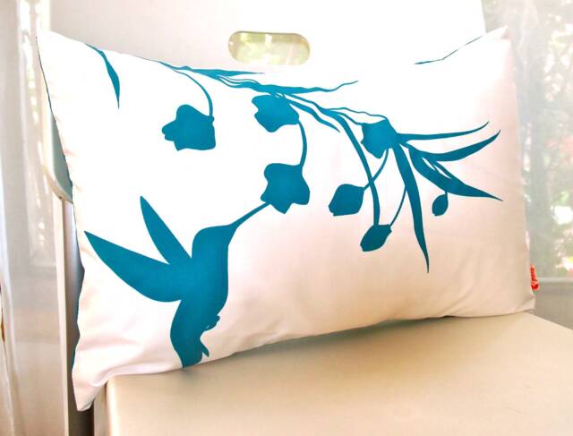 Teal Print On Off White Cotton Hummingbird With Eucalyptus Rectangle Pillow - image 1