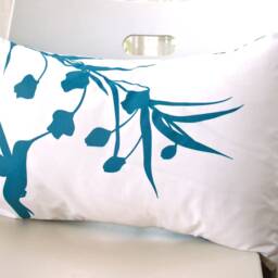 Teal Print On Off White Cotton Hummingbird With Eucalyptus Rectangle Pillow - thumbnail 3