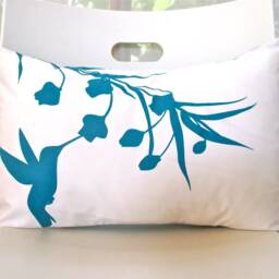 Teal Print On Off White Cotton Hummingbird With Eucalyptus Rectangle Pillow - thumbnail 2