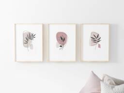 Neutral Abstract Shapes Floral Prints - Set Of 3, Blush Pink, Boho Wall Art, Living Room Prints, Bedroom New Home - thumbnail 1