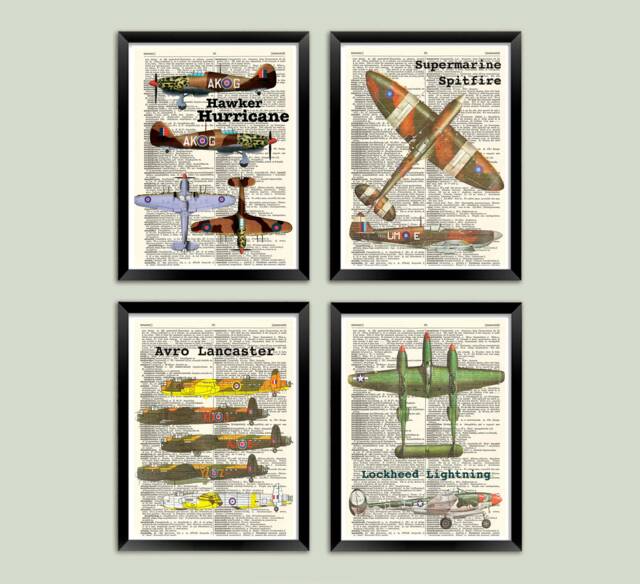Wwii Aircraft Art Print Vintage Dictionary Page - Spitfire, Hurricane, Lancaster - image 1