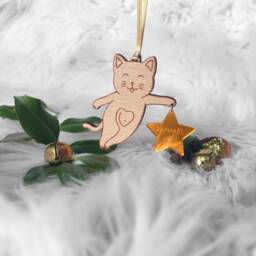 Personalized Wooden Christmas Bauble - Little Cat Holding A Star Engraved Name