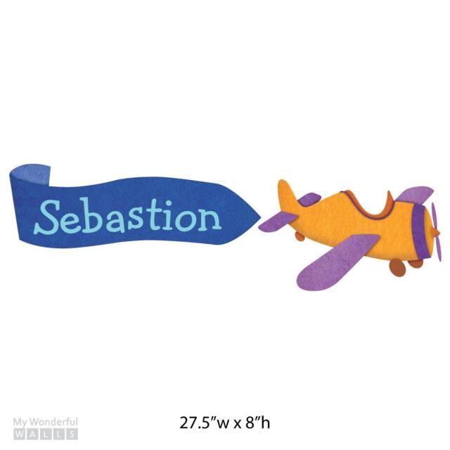 Personalized Plane Name Banner Wall Decal For Boys Room Transportation Theme - Orange/Purple/Blue - 1054-stick - image 1