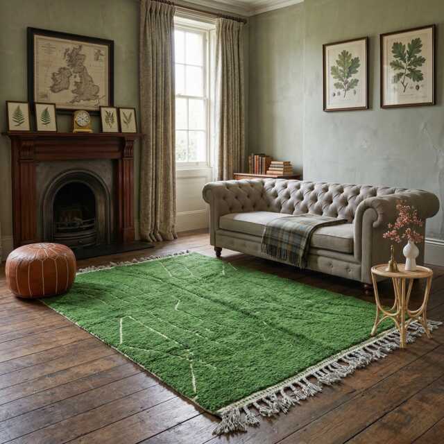 Handmade Emerald Green Wool Rug - Natural Beni Ourain Berber Shaggy Area - image 1