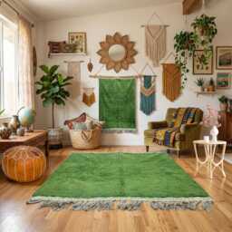 Handmade Emerald Green Wool Rug - Natural Beni Ourain Berber Shaggy Area - thumbnail 3