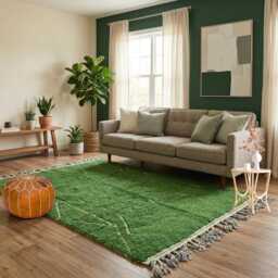 Handmade Emerald Green Wool Rug - Natural Beni Ourain Berber Shaggy Area - thumbnail 2