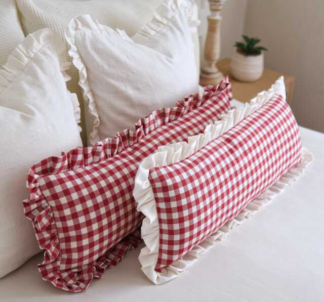 Red Gingham Lumbar Ruffle Cushion Cover Extra Large Bolster Pillow Long Vichy Frilled Check Throw Custom Sizes - image 1