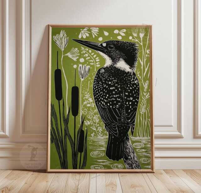 Olive Green Kingfisher Poster Print - Botanical Wetland Bird Wall Art Nature Home Decor - image 1