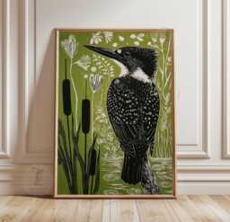 Olive Green Kingfisher Poster Print - Botanical Wetland Bird Wall Art Nature Home Decor - thumbnail 1