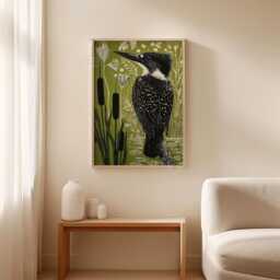 Olive Green Kingfisher Poster Print - Botanical Wetland Bird Wall Art Nature Home Decor - thumbnail 3