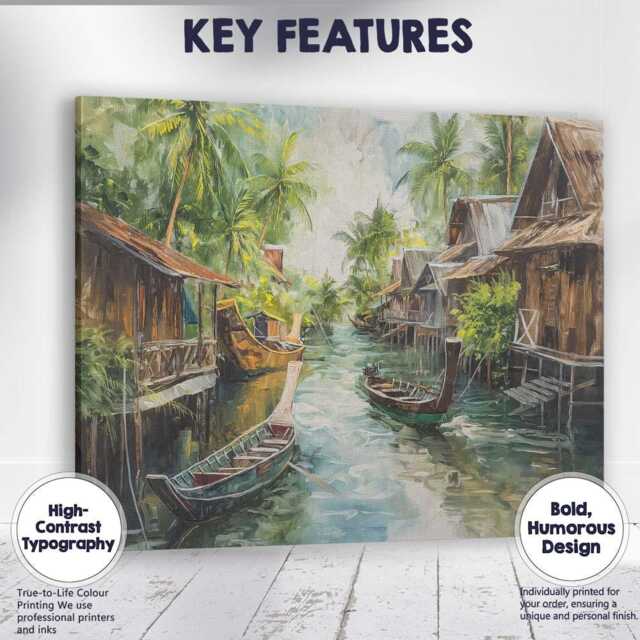 Rustic Floating Village Canal Boats Tropical Landscape Canvas Wall Art Print Decor Picture Ready To Hang - image 1