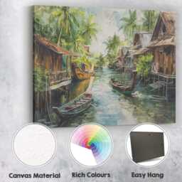 Rustic Floating Village Canal Boats Tropical Landscape Canvas Wall Art Print Decor Picture Ready To Hang - thumbnail 2