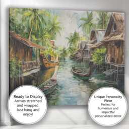 Rustic Floating Village Canal Boats Tropical Landscape Canvas Wall Art Print Decor Picture Ready To Hang - thumbnail 3