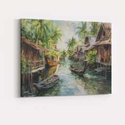 Rustic Floating Village Canal Boats Tropical Landscape Canvas Wall Art Print Decor Picture Ready To Hang - thumbnail 4