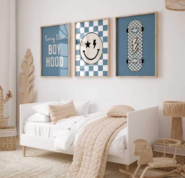 Boy's Room Art Prints Skateboard, Smiley Face, Boyhood Quote - image 1